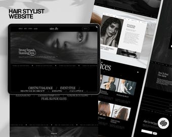 May include: A black and white website design for a hair stylist, featuring a tablet displaying the homepage with the text "Strong Strands, Stunning Style." Other pages showcase services and salon information. The website's design is minimalist and elegant.