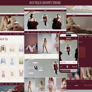 May include: A website design showcasing a boutique Shopify theme. The design features a burgundy and cream color scheme, with images of clothing and accessories. The text "New In" and "Winter rc" are visible.