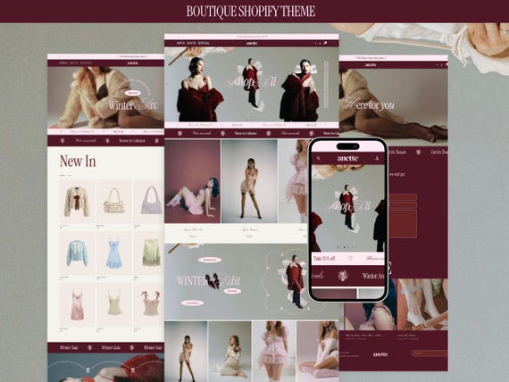 Coquette Shopify Theme Website Template Boutique Design Fashion Store Layout Stylish Ecommerce Clothing Brand Feminine Aesthetic Pink Maroon