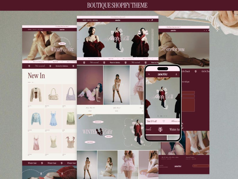 Coquette Shopify Theme Website Template Boutique Design Fashion Store Layout Stylish Ecommerce Clothing Brand Feminine Aesthetic Pink Maroon Color Scheme Editorial Style Online Shop Ready To Use Professional Design Conversion Optimized
