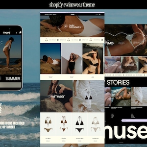 a luxury shopify website template for swimwear brands and clothing line ecommerce brands. The shopify theme features light beige and black sections with lavendar accent sections, mockup bikini and swimsuit photography, and design savvy banner and collections templates created for use in canva.