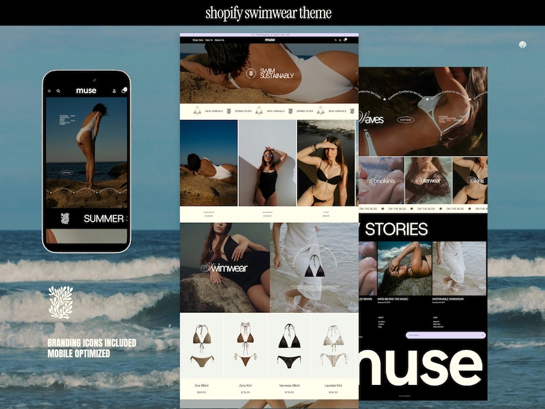 a luxury shopify website template for swimwear brands and clothing line ecommerce brands. The shopify theme features light beige and black sections with lavendar accent sections, mockup bikini and swimsuit photography, and design savvy banner and collections templates created for use in canva.