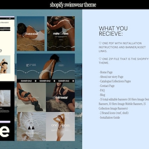 a luxury shopify website template for swimwear brands and clothing line ecommerce brands. The shopify theme features light beige and black sections with lavendar accent sections, mockup bikini and swimsuit photography, and design savvy banner and collections templates created for use in canva.