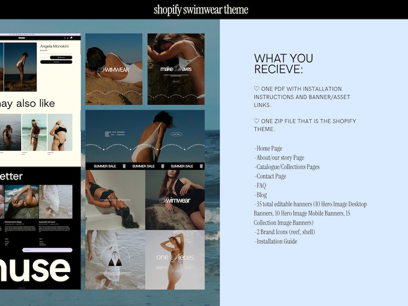 a luxury shopify website template for swimwear brands and clothing line ecommerce brands. The shopify theme features light beige and black sections with lavendar accent sections, mockup bikini and swimsuit photography, and design savvy banner and collections templates created for use in canva.