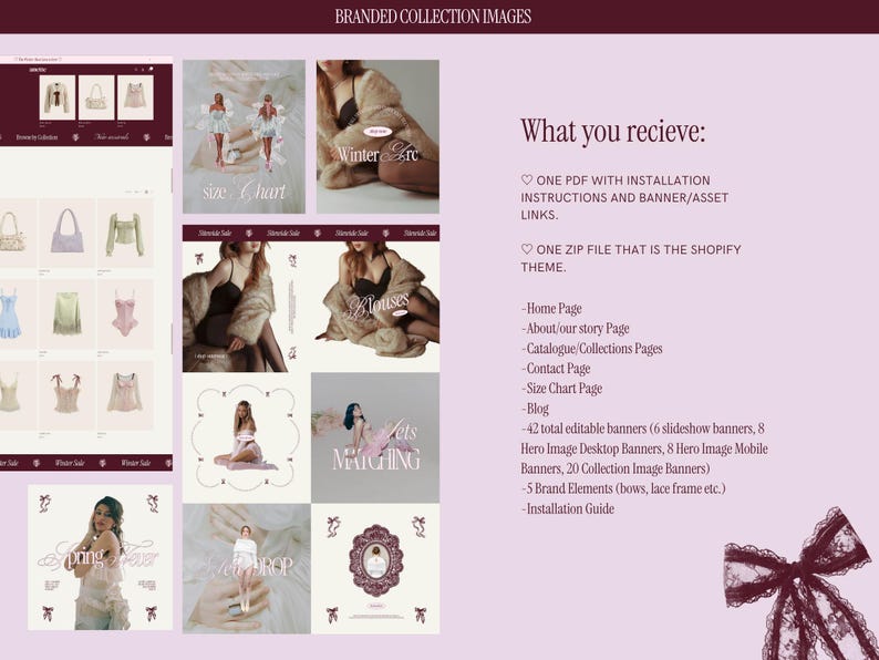 Coquette Shopify Theme Website Template Boutique Design Fashion Store Layout Stylish Ecommerce Clothing Brand Feminine Aesthetic Pink Maroon Color Scheme Editorial Style Online Shop Ready To Use Professional Design Conversion Optimized