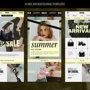 60 modelos de newsletter de moda para combinar e editar no Canva, ideais para listas de e-mail marketing, marketing de produto e download digital.