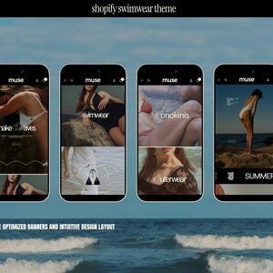 a luxury shopify website template for swimwear brands and clothing line ecommerce brands. The shopify theme features light beige and black sections with lavendar accent sections, mockup bikini and swimsuit photography, and design savvy banner and collections templates created for use in canva.