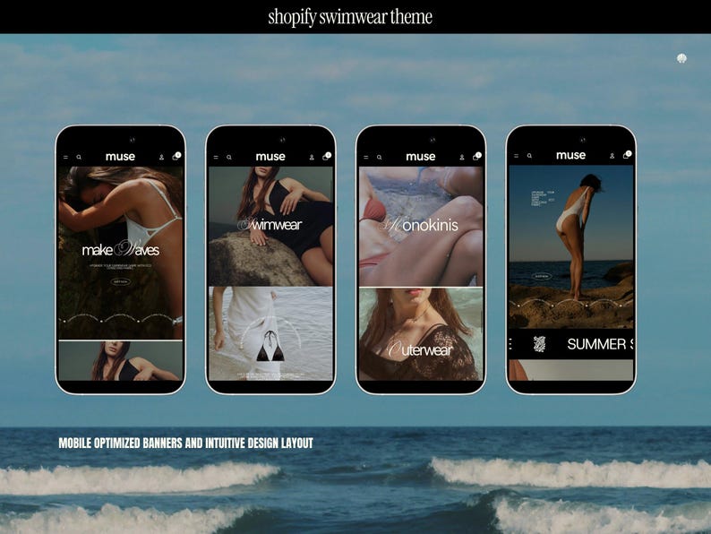a luxury shopify website template for swimwear brands and clothing line ecommerce brands. The shopify theme features light beige and black sections with lavendar accent sections, mockup bikini and swimsuit photography, and design savvy banner and collections templates created for use in canva.