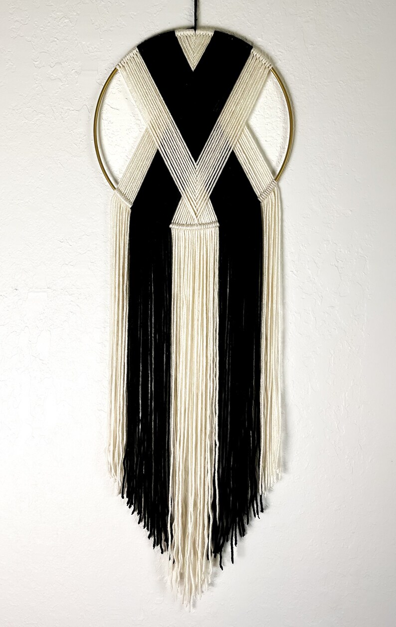 Black and White Yarn Wall Hanging / Neutral Wall Decor / Boho Yarn Hoop