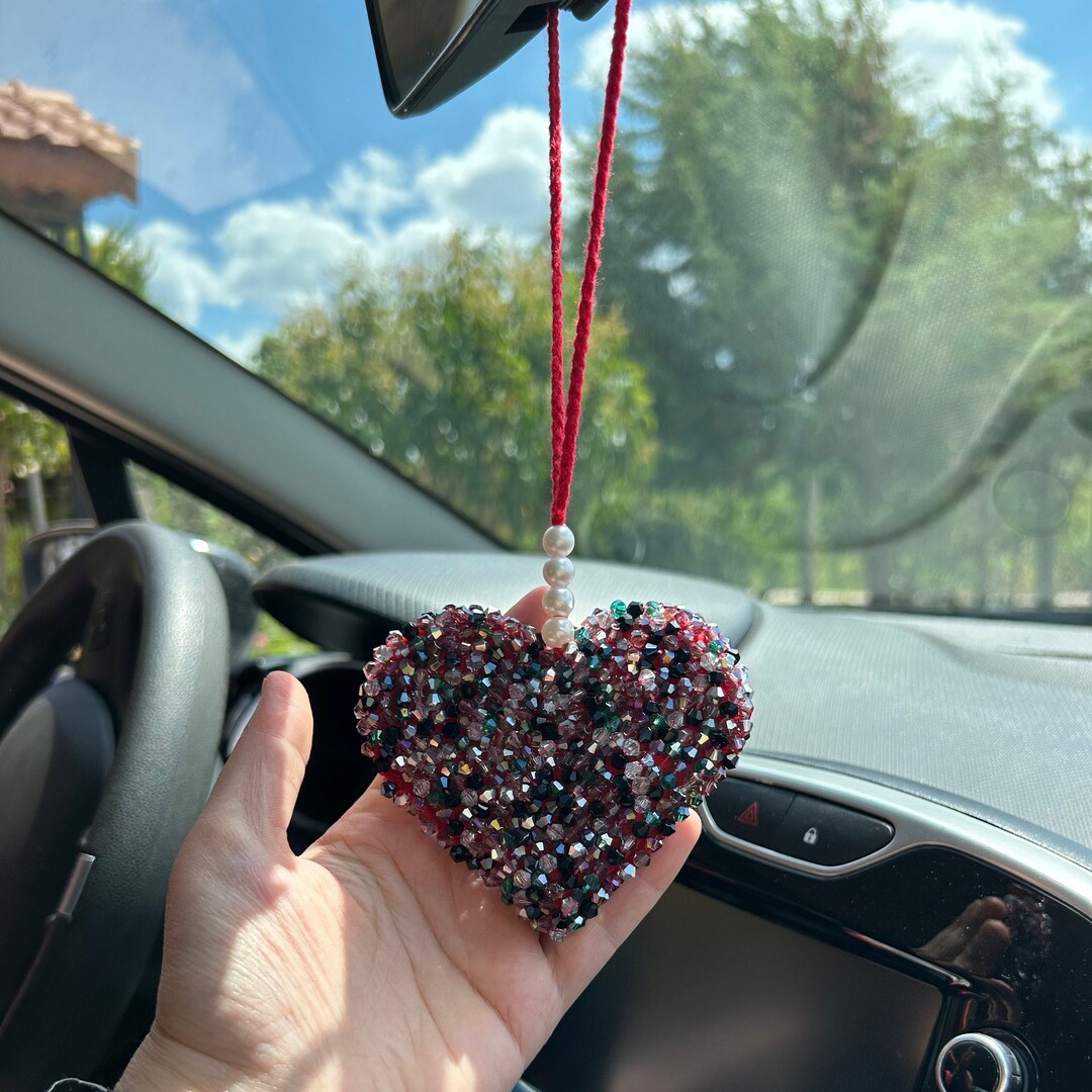 Elegant Beaded Heart Rear View Mirror Accessory - Handcrafted Love ...