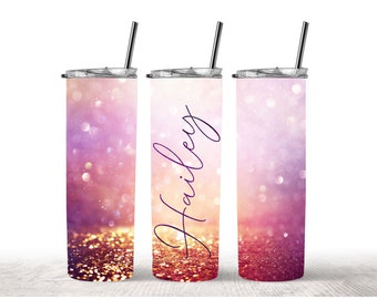 Personalized Purple, Pink and Gold Lights Glitter Skinny Tumbler 20 oz. Metal Skinny Tumbler