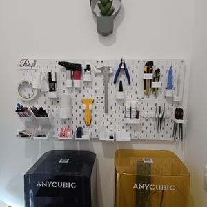 May include: A white pegboard with various tools and supplies, including pliers, markers, and tape. Below are two Anycubic 3D printers, one black and one gold. A small plant in a gray pot hangs above the pegboard.