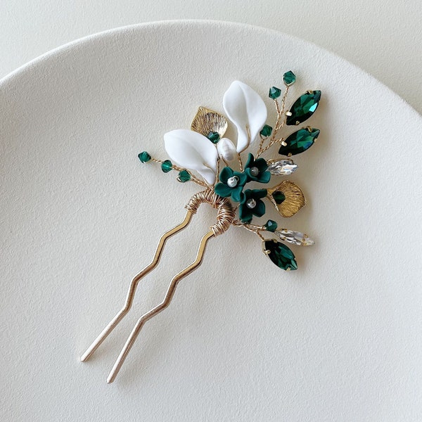 Emerald clay flower and leaf hair pin, bridal hair piece, wedding hair pin