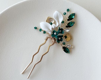 Emerald clay flower and leaf hair pin, bridal hair piece, wedding hair pin