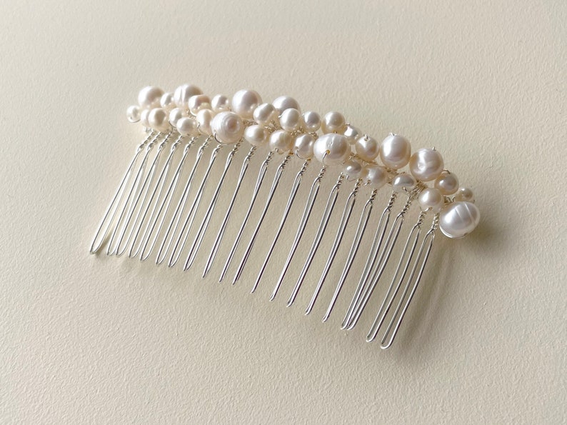 Freshwater pearl hair piece, bridal hair comb, silver wedding headpiece, hair accessory for bride image 1