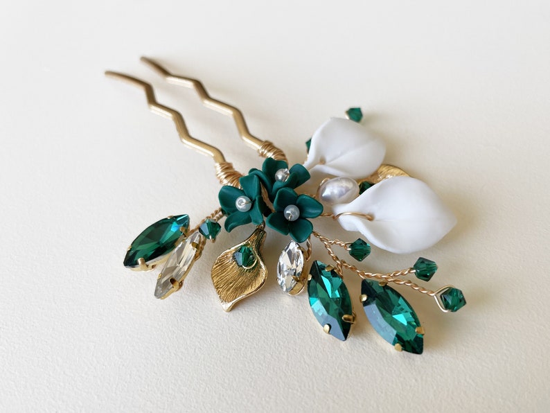 Emerald clay flower and leaf hair pin, bridal hair piece, wedding hair pin image 7