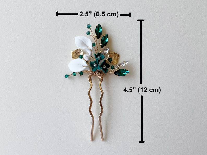 Emerald clay flower and leaf hair pin, bridal hair piece, wedding hair pin image 2