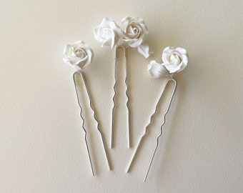 Silver wedding hair pins, Ivory roses hair piece, Hair pins for bride, Floral hair piece, Hair pin set of 3