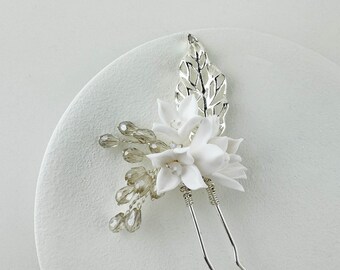 Clay flower wedding hair pin, silver leaf hair piece, silver bridal hair pin, floral hair accessory