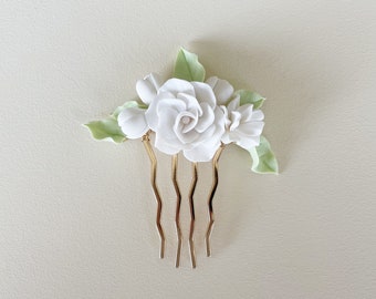 Wedding flower hair comb, bridal hair piece, clay floral hair comb, gold headpiece, hair piece for bride or bridesmaid