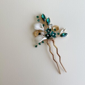 Emerald clay flower and leaf hair pin, bridal hair piece, wedding hair pin image 6