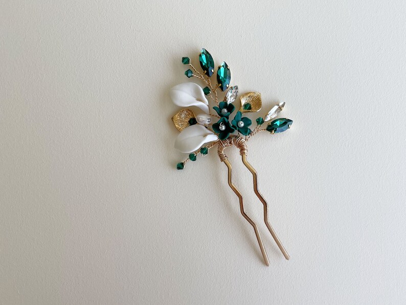 Emerald clay flower and leaf hair pin, bridal hair piece, wedding hair pin image 6