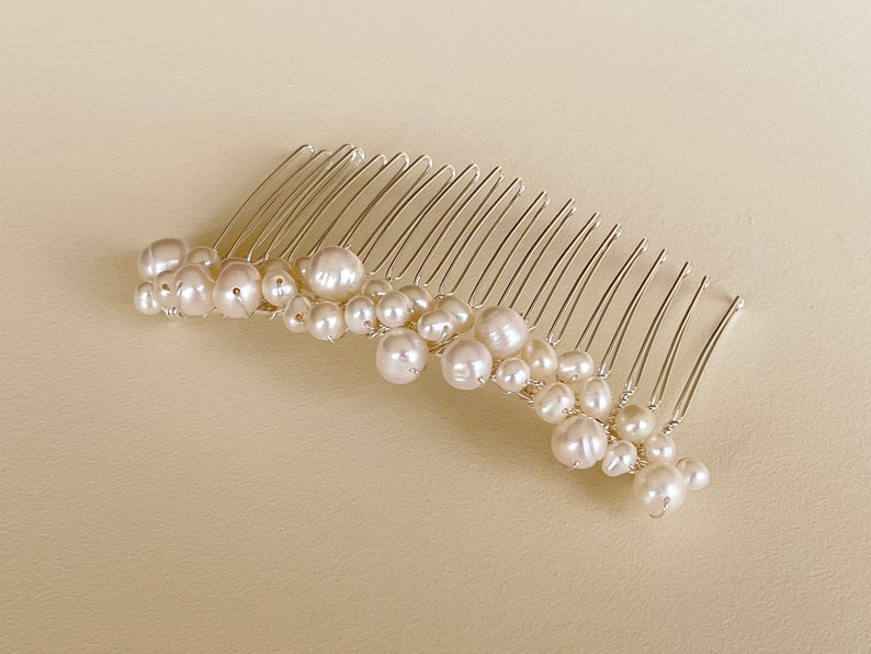 Freshwater pearl hair piece, bridal hair comb, silver wedding headpiece, hair accessory for bride image 4