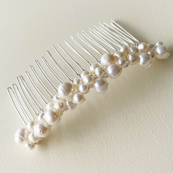 Freshwater pearl hair piece, bridal hair comb, silver wedding headpiece, hair accessory for bride