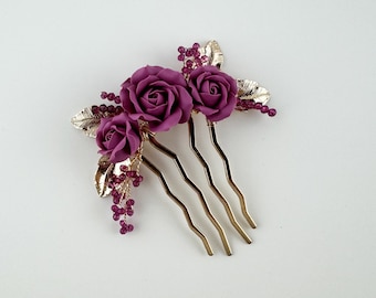 Gold floral wedding hair piece, bridal hair comb, roses head piece, wedding hair accessory