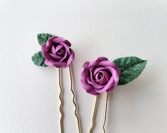 Pink rose wedding hair pins, bridal flower hair piece set, floral hair pin set, set of 2 bridal hair pins