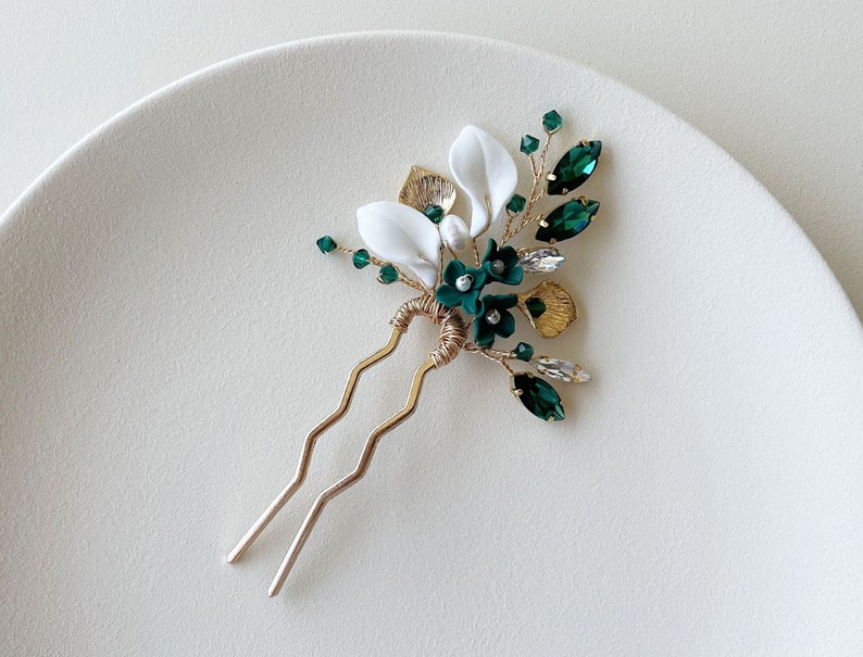 Emerald clay flower and leaf hair pin, bridal hair piece, wedding hair pin image 1