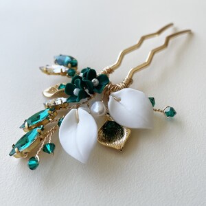 Emerald clay flower and leaf hair pin, bridal hair piece, wedding hair pin image 4