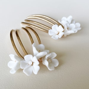 Gold wedding hair comb set, Porcelain flower hair piece, Set of 2 bridal hair combs, Hair accessories for bride - NYLAH