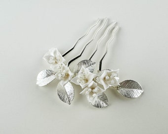 Clay flower wedding hair piece, silver leaf bridal hair comb, floral bridal hair pin, hair accessory for bride