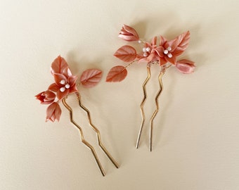 Pink flower hair pins, Gold wedding hair piece, Bridal Hair Comb, Floral bridal hair piece, Hair pin set