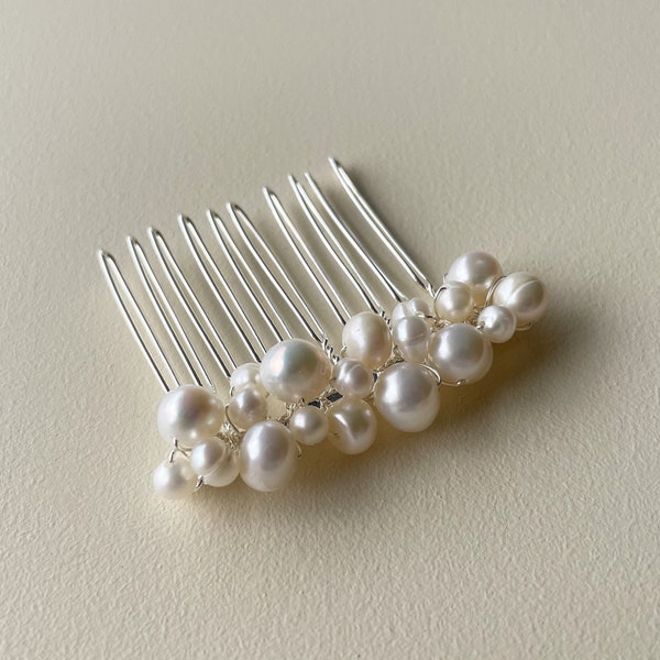 Freshwater pearl mini hair comb, small silver wedding hair piece, bridal headpiece, hair comb for bride