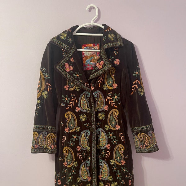 Johnny Was Two Ten Ten Five Embroidered Velvet Duster Floral Jacket Coat Olive