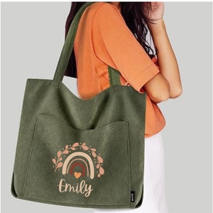Corduroy Tote Bag for Women |  Large Shoulder Bag with Zipper and Pockets for College, School, Work ,Travel Shopping | Personalized Totes