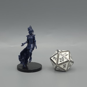 May include: A dark blue miniature figurine of a standing character wearing a long flowing garment, mounted on a circular black base, positioned next to a silver twenty-sided die with black numbers, providing a clear sense of scale for the figure.