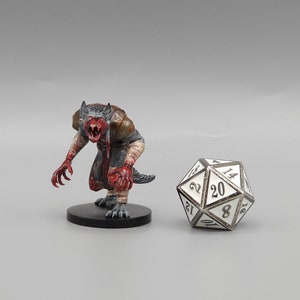 May include: A grey and red painted miniature figurine of a werewolf with a snarling expression. The figurine is standing on a black base. A white 20-sided die with black numbers is in the background.