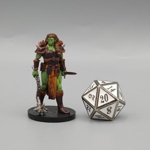 May include: A green-skinned female miniature figure with brown hair, wearing brown leather armor and holding a spiked chain weapon. The figure is standing on a black base. A white 20-sided die is in the background.