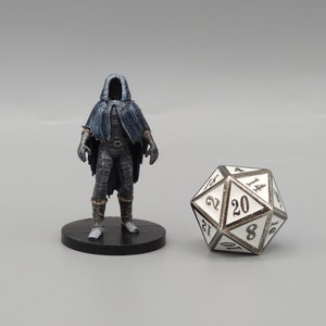 May include: A miniature figure of a hooded person wearing a dark blue cloak and black armour. The figure is standing on a black base. A silver 20-sided die is in the background.
