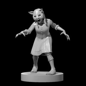 Peut inclure: Une figurine monochrome grise représentant une créature humanoïde portant un masque de cochon et une robe simple. La silhouette est dans une pose accroupie et agressive avec des mains griffues tendues, fixée sur une base circulaire.