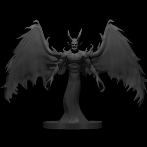 May include: A dark gray miniature figurine of a winged demon with sharp horns, a muscular torso, and a flowing lower body. The creature features large, tattered, outstretched wings and a menacing facial expression, standing on a circular base.