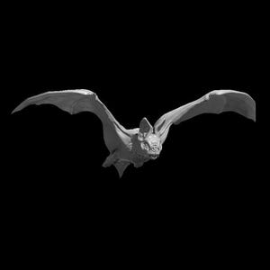 May include: A monochromatic gray figurine of a bat in flight with wings fully extended. The bat features detailed facial structures, including pointed ears and a visible snout, with a textured body surface captured against a solid black background.