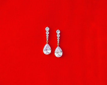 Gold Bridal Earring, CZ Pear Earring, Round CZ Earring, CZ Wedding Earring, Graduated Dangle Earring, Cubic Zirconia Gem Rhinestone Earring