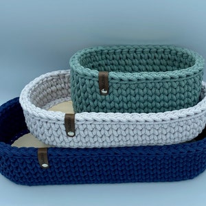 Crochet basket oval, oblong, baguette-shaped with wooden base, storage, decoration; Different sizes and colors available