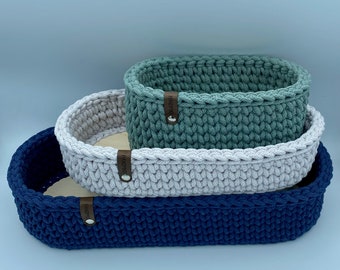 Crochet basket oval, oblong, baguette-shaped with wooden base, storage, decoration; Different sizes and colors available