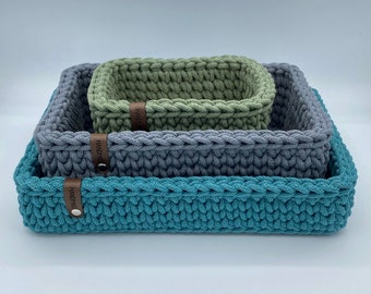 Rectangular crochet basket with wooden base, storage basket, decoration; various sizes and colors available