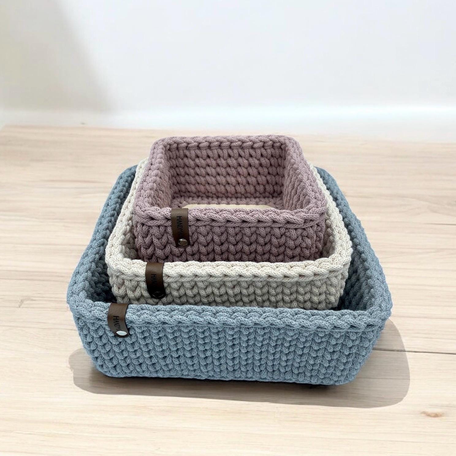 Crochet basket square, rectangular with wooden base, storage, decoration; various sizes and colors available
